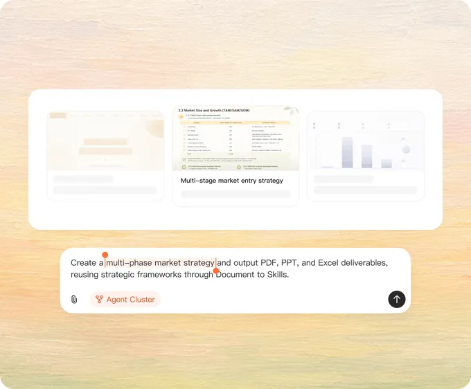 AutoClaw Agent Cluster: a multi-phase market entry strategy task split into PDF, PPT, and Excel deliverables