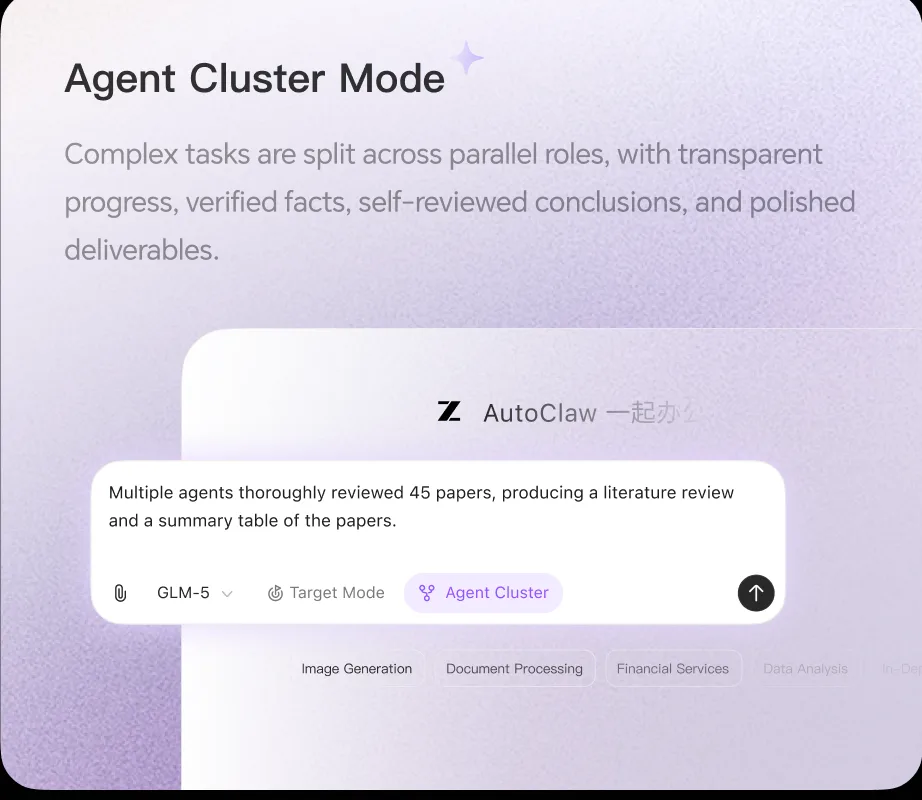 Agent Cluster Mode: complex tasks are split across parallel roles, with transparent progress, verified facts, self-reviewed conclusions, and polished deliverables.